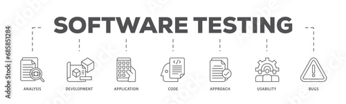 Software testing infographic icon flow process which consists of bugs, code, usability, approach, application, development, analysis icon live stroke and easy to edit .