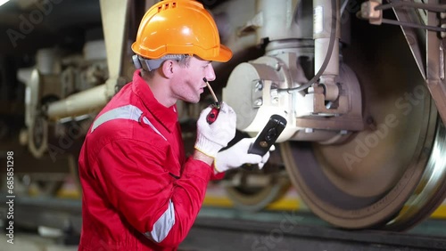 Railway Transportation Inspector With Engineer Checking and Maintaining part of train in station.  engineers for electric trains use searchlights to locate and check condition under sections.