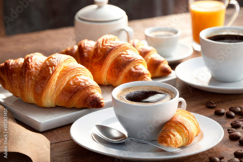 Perfect breacfast in the morning. Rustic style. A cup of coffee and tasty croissants on a on brown wooden background. Copy space.