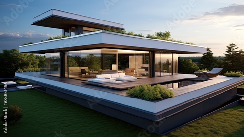 Luxury house with flat roof because the time for pointed roofs is over. Generative AI Technology © Dniel