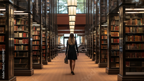 Law Library Legacy: Visualize an advocate immersed in legal research amidst towering shelves of law books, conveying a sense of wisdom and erudition photo