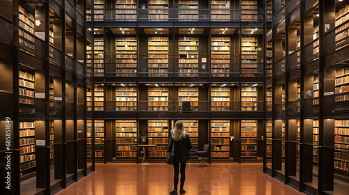Law Library Legacy: Visualize an advocate immersed in legal research amidst towering shelves of law books, conveying a sense of wisdom and erudition