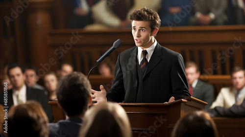 Courtroom Drama: Showcase an advocate making a compelling argument in court, with a dynamic composition capturing the intensity of the legal proceedings photo