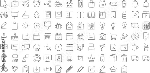 Essential and Ui hand drawn icons set, including icons such as Battery, Alarm, Coat, Bulb, Bright, Binocular, Chef, and more. pencil sketch vector icon collection