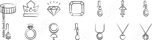 Jewelry hand drawn icons set, including icons such as Bangle, Crown, Diamond, Earrings, Necklace, and more. pencil sketch vector icon collection