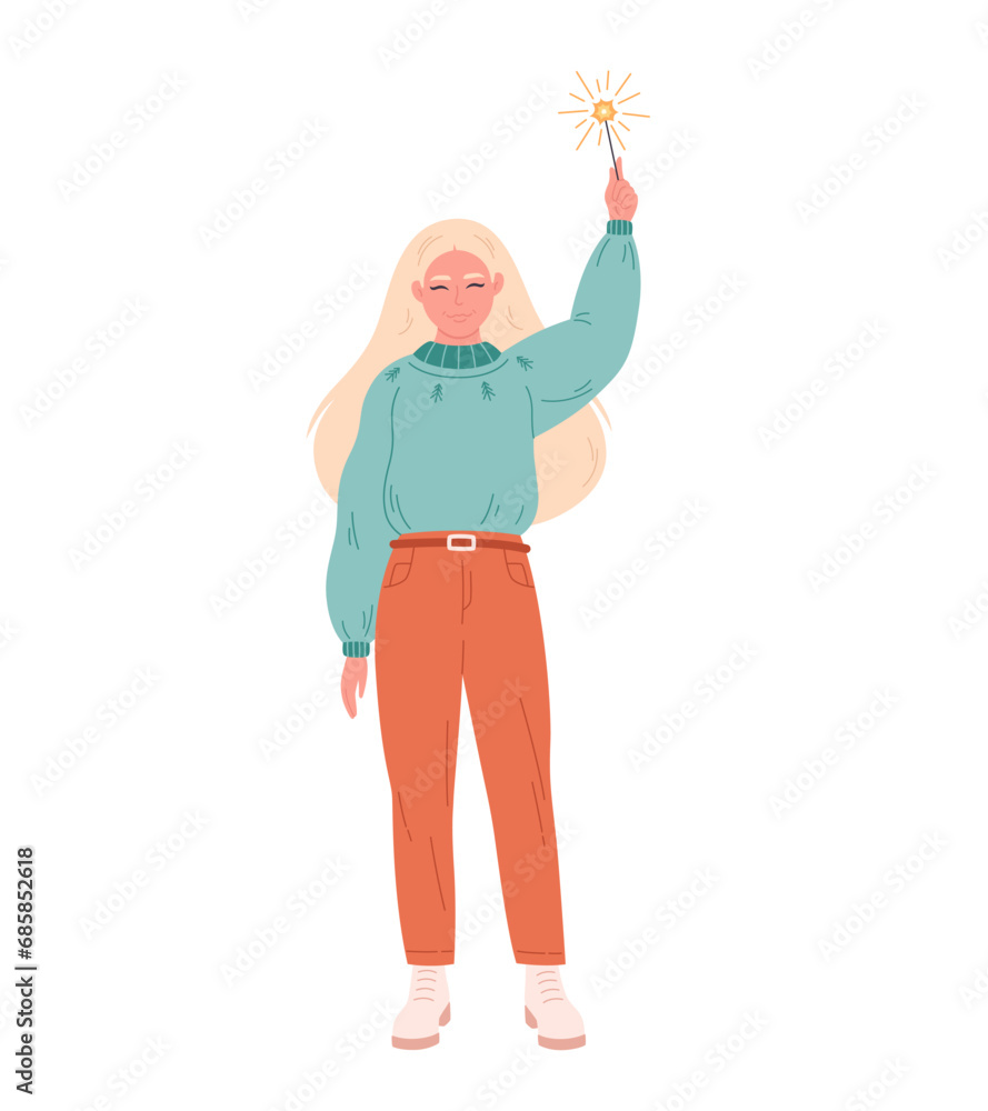 Woman holding sparkler and celebrating Christmas or New Year. Vector illustration in flat style Woman holding sparkler and celebrating Christmas or New Year. Vector illustration in flat style