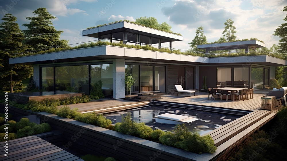 Luxury house with flat roof because the time for pointed roofs is over. Generative AI Technology Luxury house with flat roof because the time for pointed roofs is over. Generative AI Technology