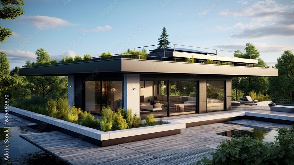 Fototapeta premium Luxury house with flat roof because the time for pointed roofs is over. Generative AI Technology