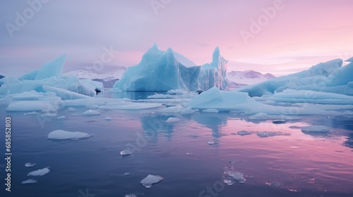 Winter landscape with glaciers. neon light. Blocks of ice on the water in Antarctica. Beautiful winter snow background. 3D illustration.  