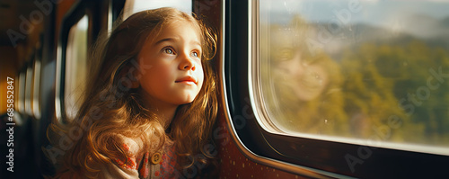 Little girll in train lookin from window at nature land. Children travel in train concept. photo