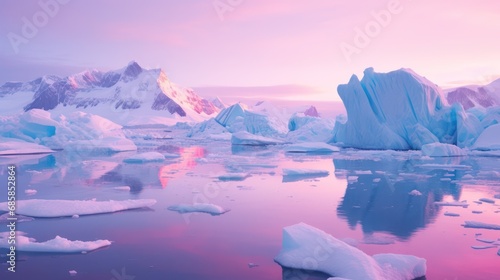 Winter landscape with glaciers. neon light. Blocks of ice on the water in Antarctica. Beautiful winter snow background. 3D illustration.   © Terablete
