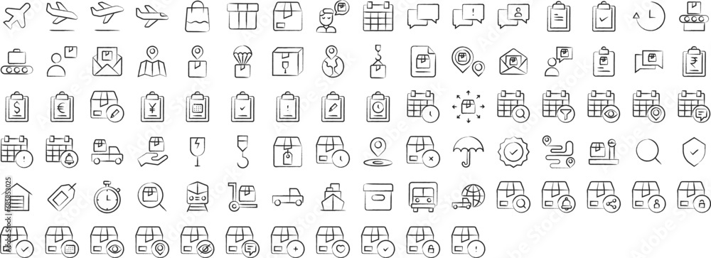 Package Delivery and shipping hand drawn icons set, including icons such as Package, Airplane, Calendar, date, Clipboard, and more. pencil sketch vector icon collection