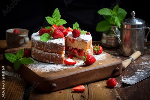 A delicious homemade butter cake garnished with fresh strawberries and mint leaves, served on a rustic wooden table with a vintage silver cake server
