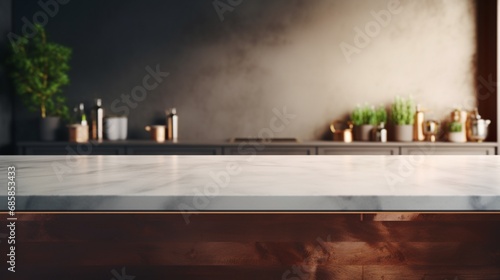 an empty Podium elegantly occupies space, gracefully complemented by a subtly blurred Kitchen background for a polished product display.