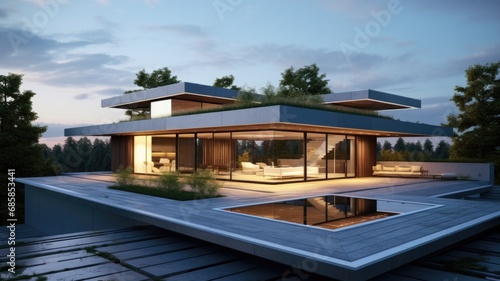 Luxury house with flat roof because the time for pointed roofs is over. Generative AI Technology © Dniel