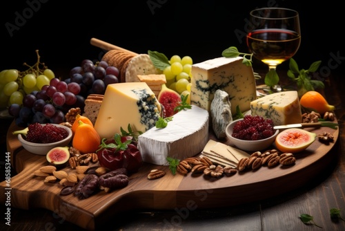 An artisanal cheese platter beautifully arranged with a variety of cheeses from around the world, accompanied by fresh fruits, nuts, and a bottle of red wine
