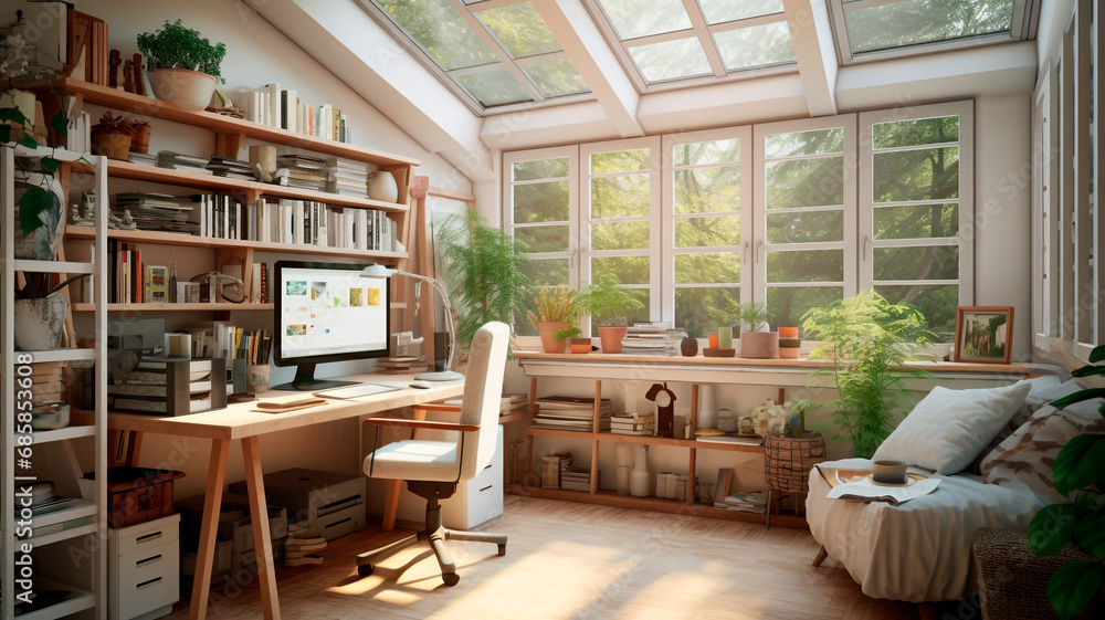 the cozy atmosphere of a home office. bright natural light and neat furniture. Generative AI the cozy atmosphere of a home office. bright natural light and neat furniture. Generative AI
