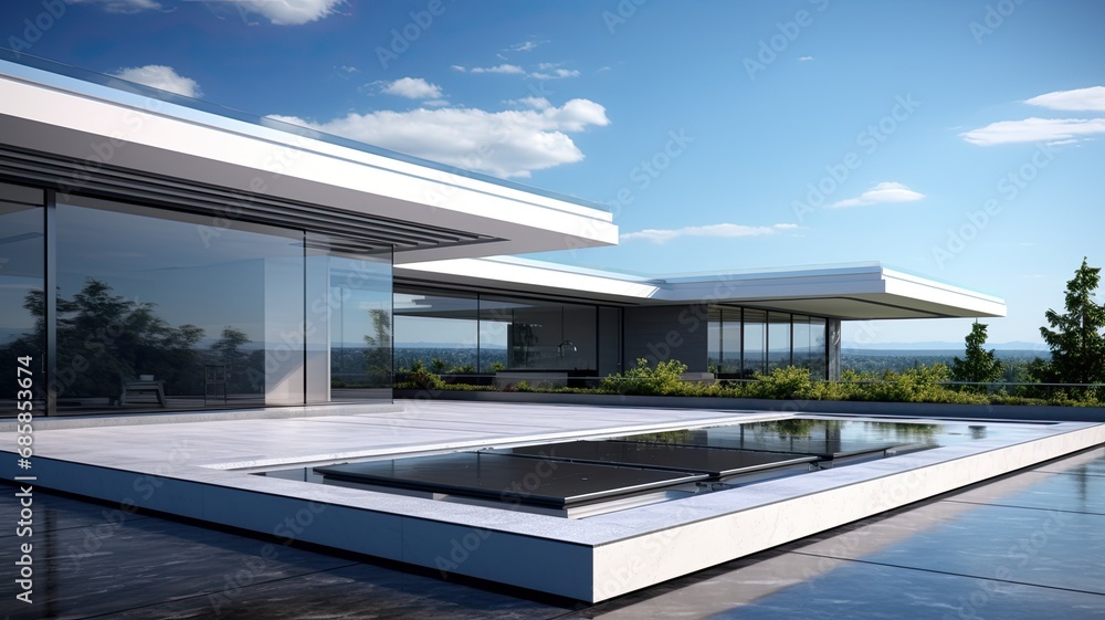Luxury house with flat roof because the time for pointed roofs is over. Generative AI Technology Luxury house with flat roof because the time for pointed roofs is over. Generative AI Technology