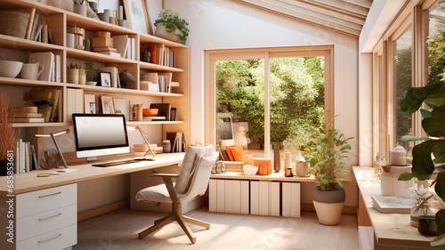 the cozy atmosphere of a home office. bright natural light and neat furniture. Generative AI