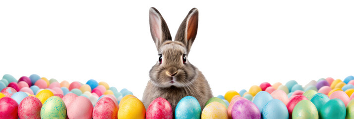 An Easter bunny in the middle of many colorful Easter eggs, background, banner, isolated