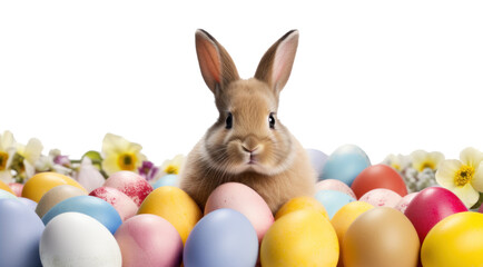 An brown Easter bunny sitting between many colorful Easter eggs and flowers, background, isolated