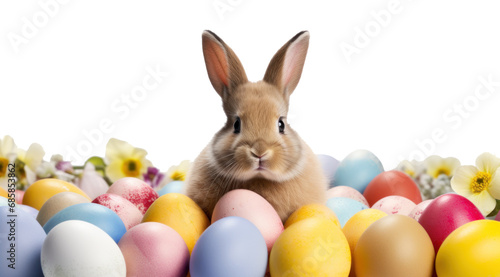 An brown Easter bunny sitting between many colorful Easter eggs and flowers, background, isolated