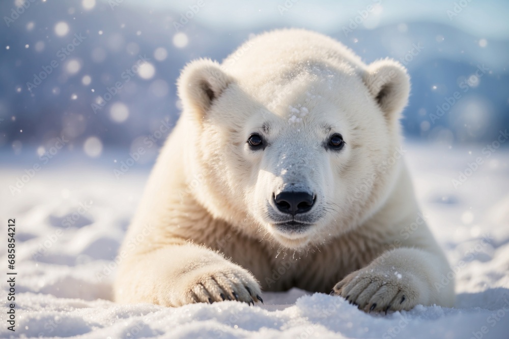 Fototapeta premium Cute baby polar bear in snow winter. ai generative