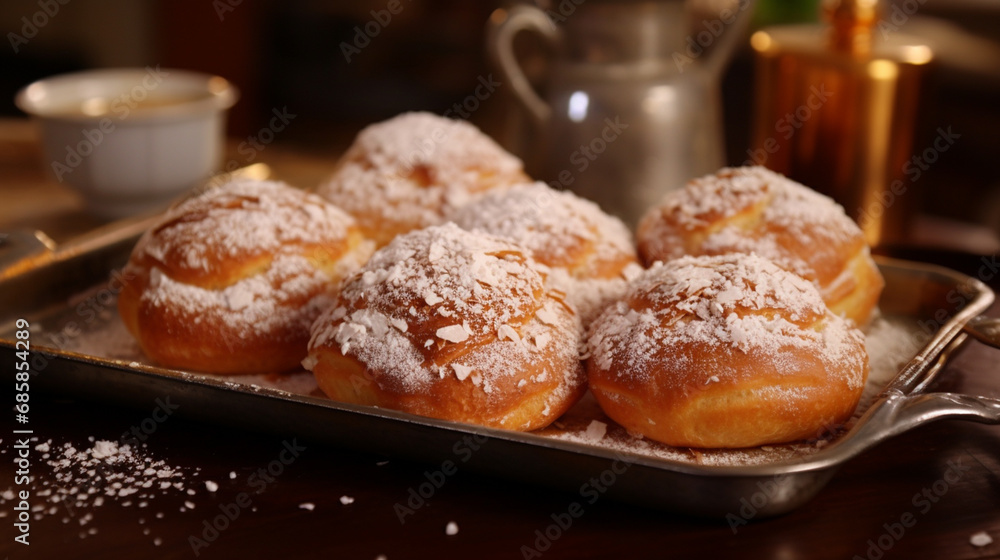 Hot cream puffs on a metal tray, with a golden and crispy surface, sprinkled with cinnamon and powdered sugar. In the background is a Portuguese kitchen with traditional tiles.