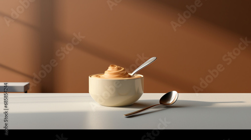 A tub of gourmet salted caramel ice cream, with a creamy and smooth texture. The tub is presented on a minimalist table with neutral colors and a modern spoon next to it. In the background a smooth br photo