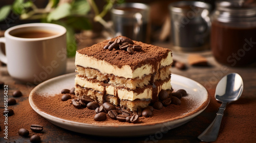 An image of a classic Italian tiramisu topped with coffee beans shows well-defined layers of sponge cake and mascarpone, dusted with cocoa powder. A cup of espresso and scattered coffee beans © alexandra_pp