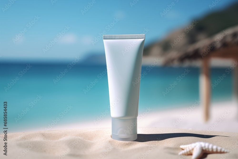 tube with cream on a background of sea and sand outdoors mockup
