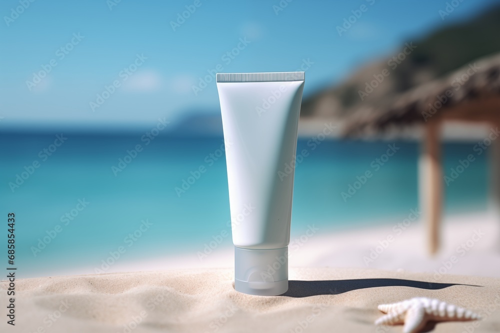 tube with cream on a background of sea and sand outdoors mockup tube with cream on a background of sea and sand outdoors mockup