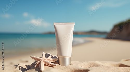 tube with sunscreen cream on the sand against the sea background mockup photo