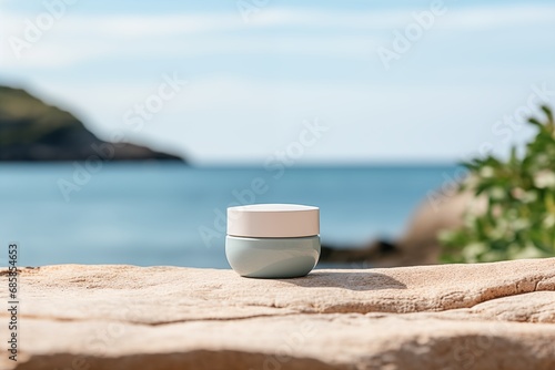 a jar of cream on a stone against the background of the sea and mountains , cosmetic mocap outdoors photo