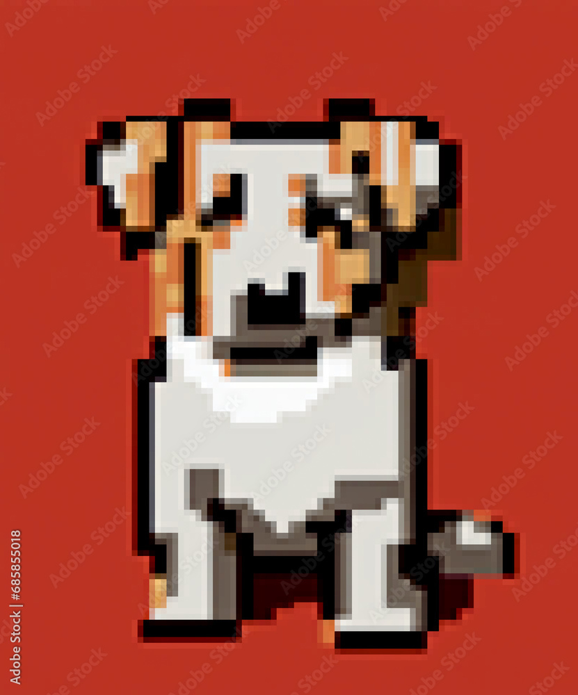 Adorable pixel art illustration: portrait of a charming Jack Russell puppy, sitting with a gaze full of innocence and curiosity.

