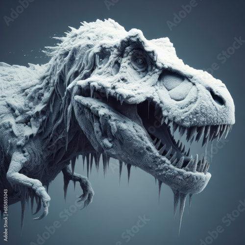 Photo of a frozen Tyrannosaurus rex  prehistoric animal on solid background. ai generative