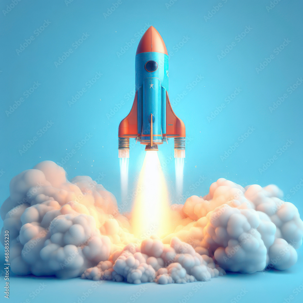 rocket taking off releasing smoke on blue background 3d style. ai generative