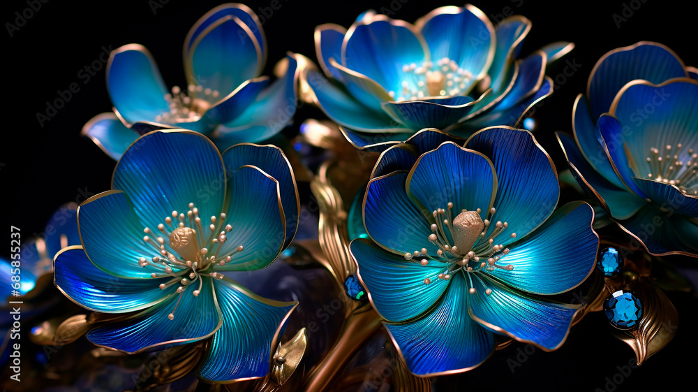 Fototapeta premium Dichromatic opalescent flowers in beautiful gold and cobalt and malachite. Generative AI
