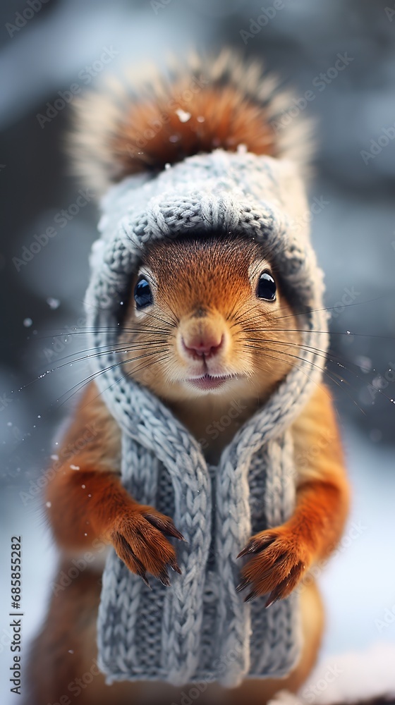 cute red fluffy squirrel in a knitted hat and scarf on a winter background