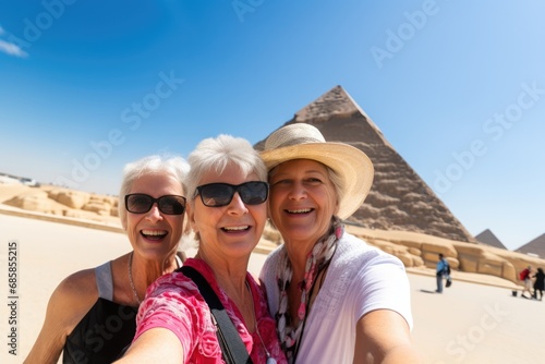 Three smiling female senior tourists visiting Egypt posing looking at the camera