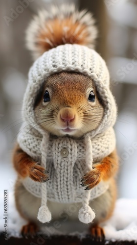 cute red fluffy squirrel in a knitted hat and scarf on a winter background