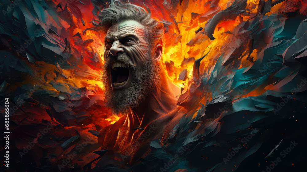 Fantasy portrait of a screaming man with a beard and hair in the flames of fire. Concept of anger and aggression
