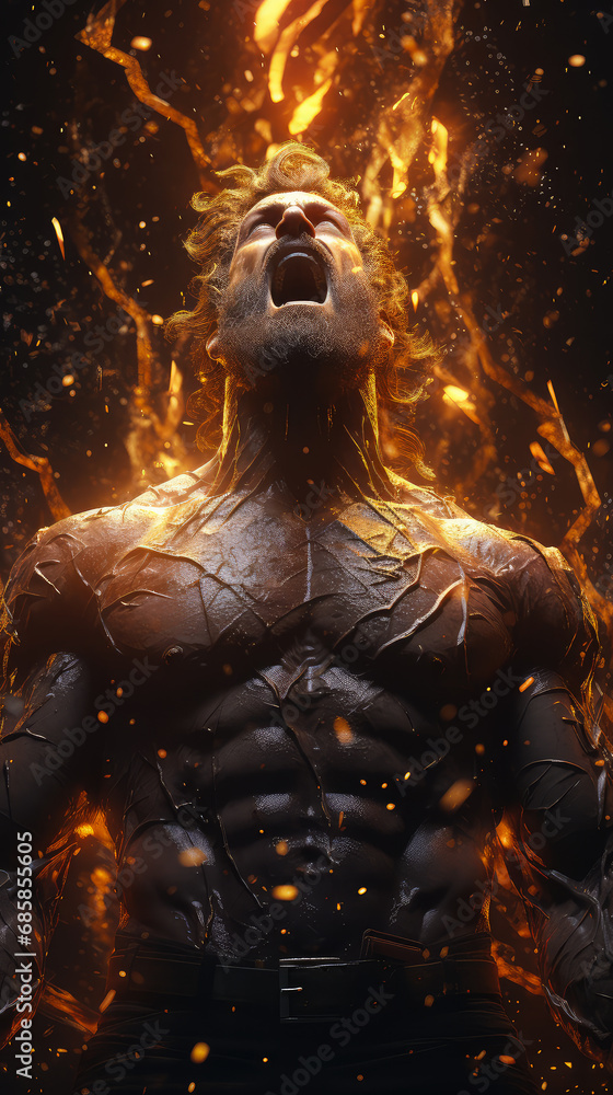 Shirtless muscular man with open mouth screaming in the flames. Bodybuilding and workout concept.