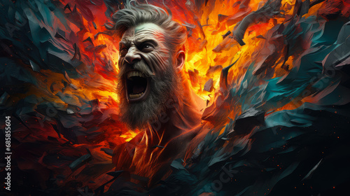 Foto Fantasy portrait of a screaming man with a beard and hair in the flames of fire
