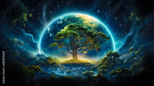 Fantasy landscape with tree and planet in the night. Ecology and environment concept.
