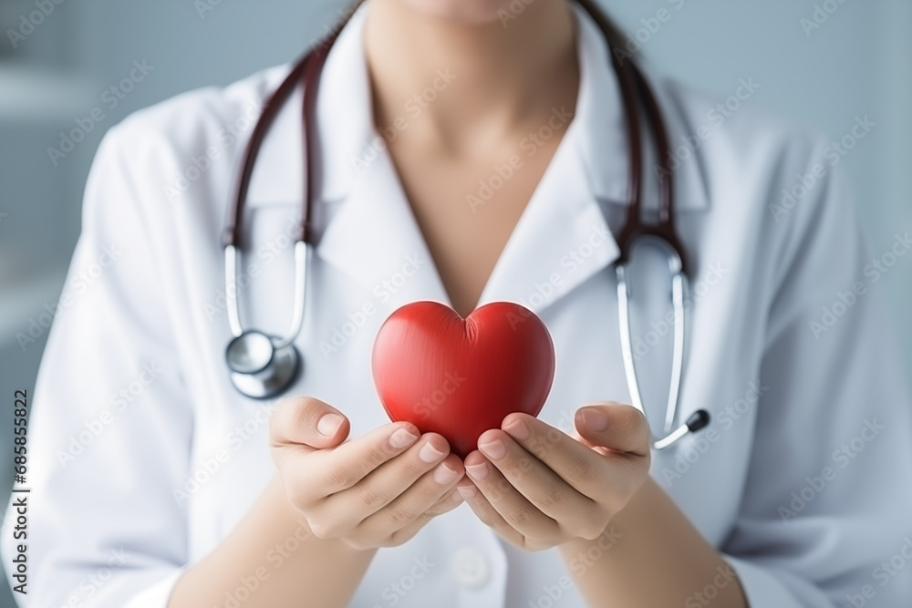 Front view of female doctor with stethoscope holding red heart. Heart care and health concept Front view of female doctor with stethoscope holding red heart. Heart care and health concept