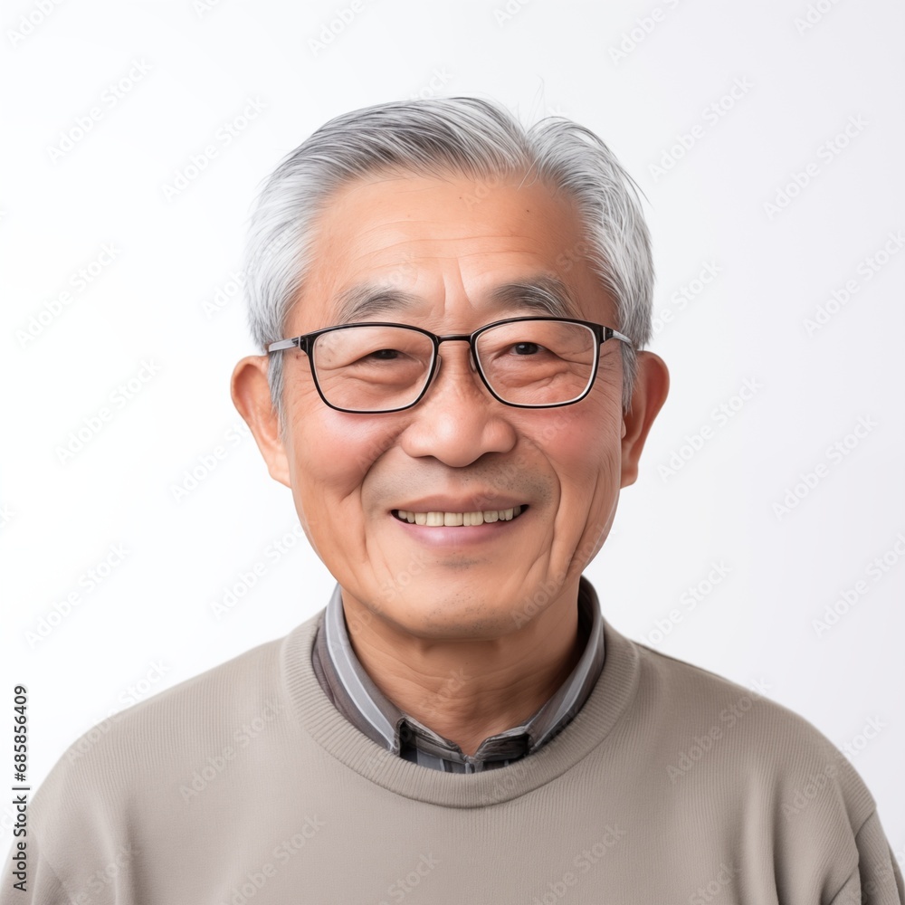 Fototapeta premium portrait of old senior asian male man with glasses . white background . generative ai
