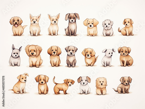cachorros fofos feita à mão com marcadores marrons em fundo branco