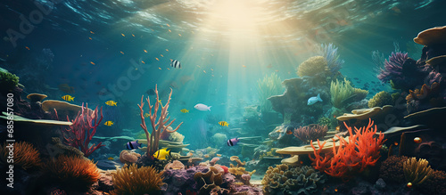 Amazing under ocean landscape with lots of fishes. Sunrays from above