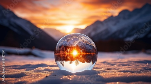 Reflection of the winter mountain landscape in Lensball. Snow globe in the mountains